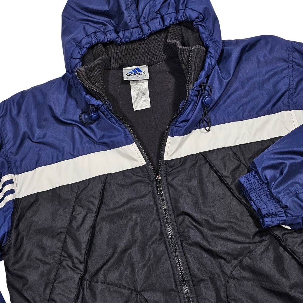 Adidas Hooded Jacket Mens L Navy Black White Colorblock 3-Stripe Vintage Sporty